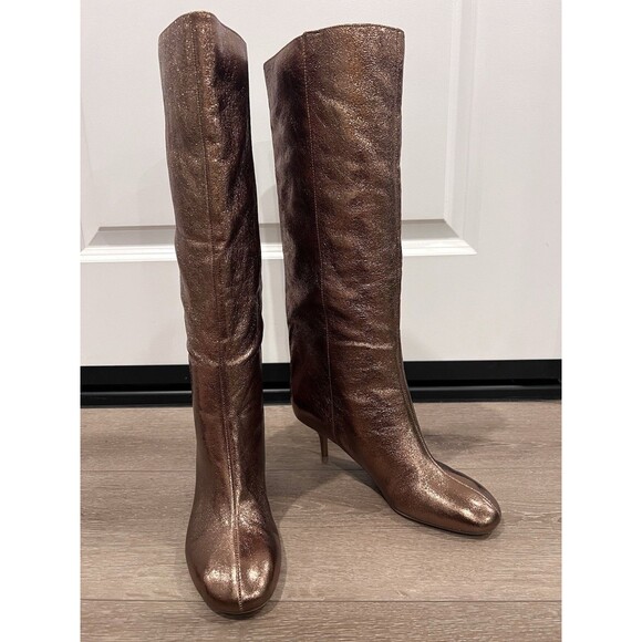 ZARA Woman Knee High Metallic Kitten Heel Boots Gold Size US 6 EU 36 UK 3 - Picture 3 of 10